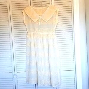 Vintage Twee Cottagecore Retro Sheer Flocked Velvet Tea Dress, Cream, Size M/L